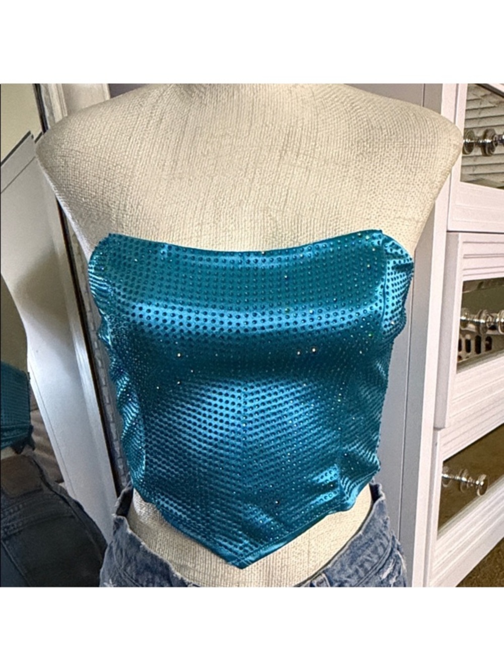 Fashion Nova Teal Sequin Strapless Corset Top